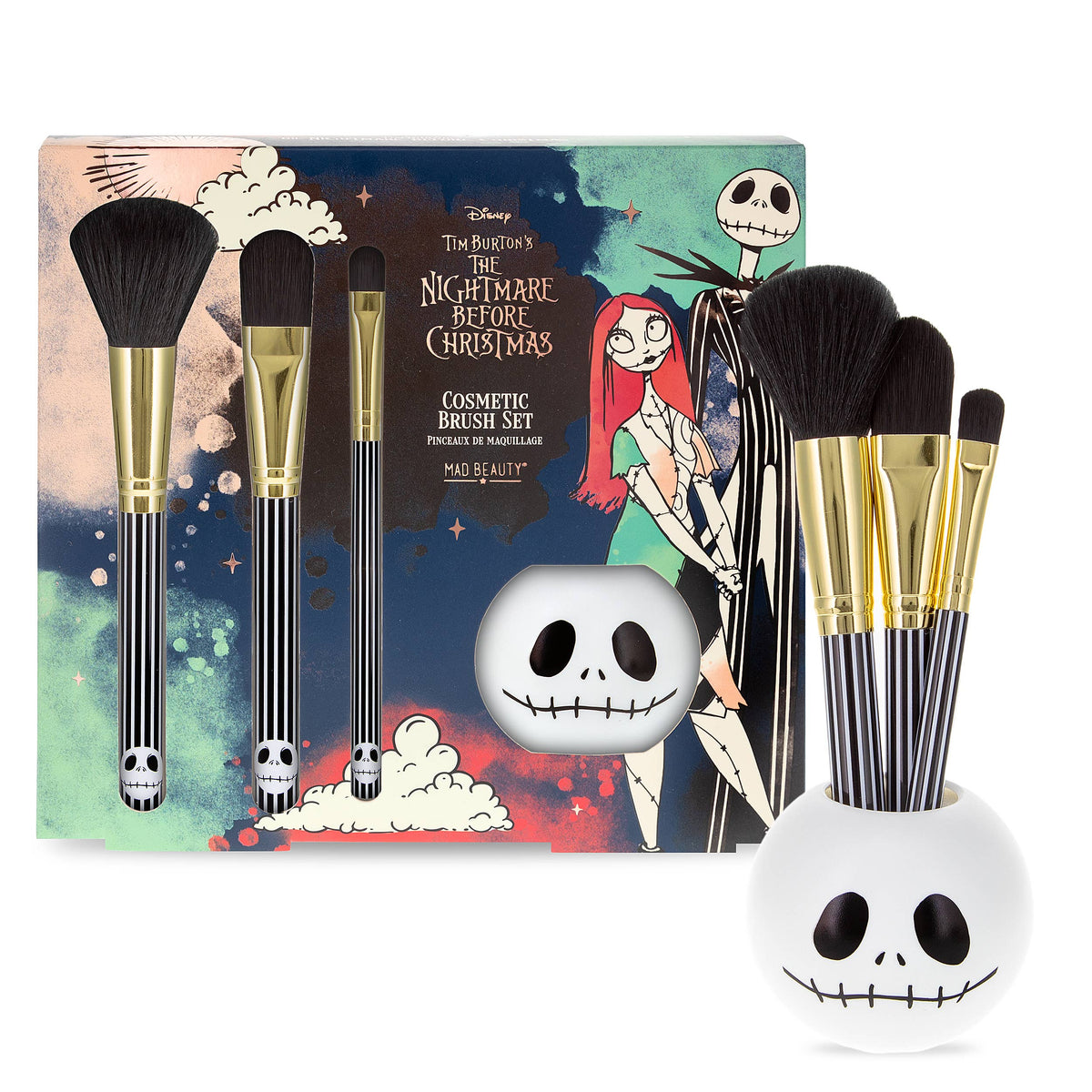 Mad Beauty Jack Skellington makeup brush set box, Nightmare Before Christmas artwork with Jack and Sally