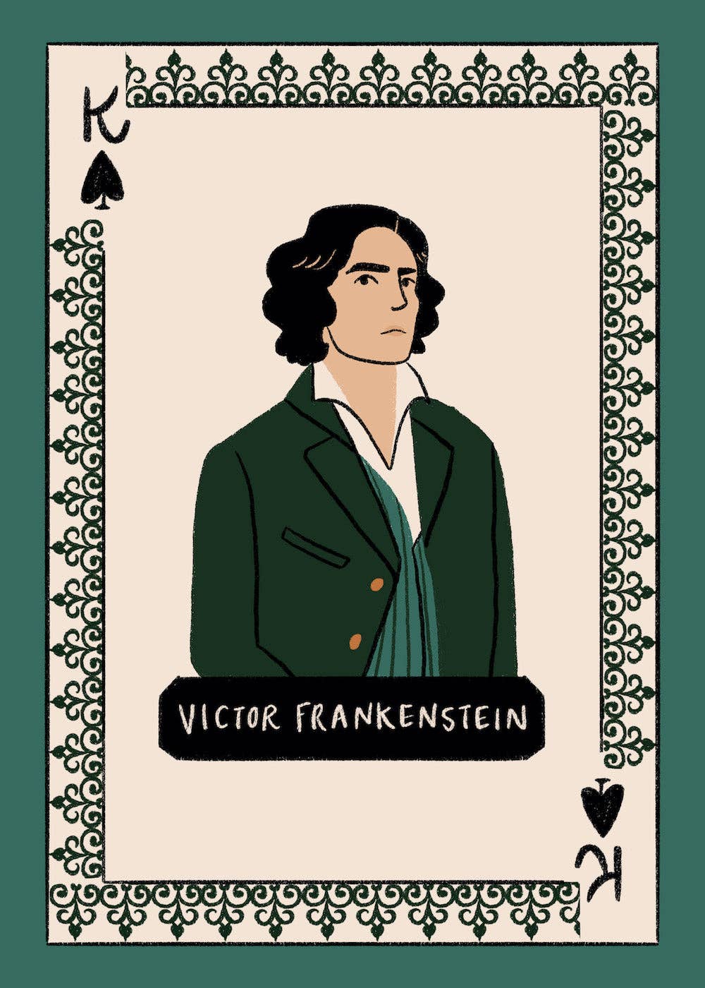 Frankenstein deck face card of Victor Frankenstein: a man in a green coat on a cream background, with a green patterned border.