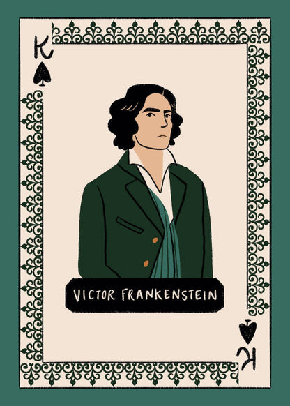 Frankenstein deck face card of Victor Frankenstein: a man in a green coat on a cream background, with a green patterned border.
