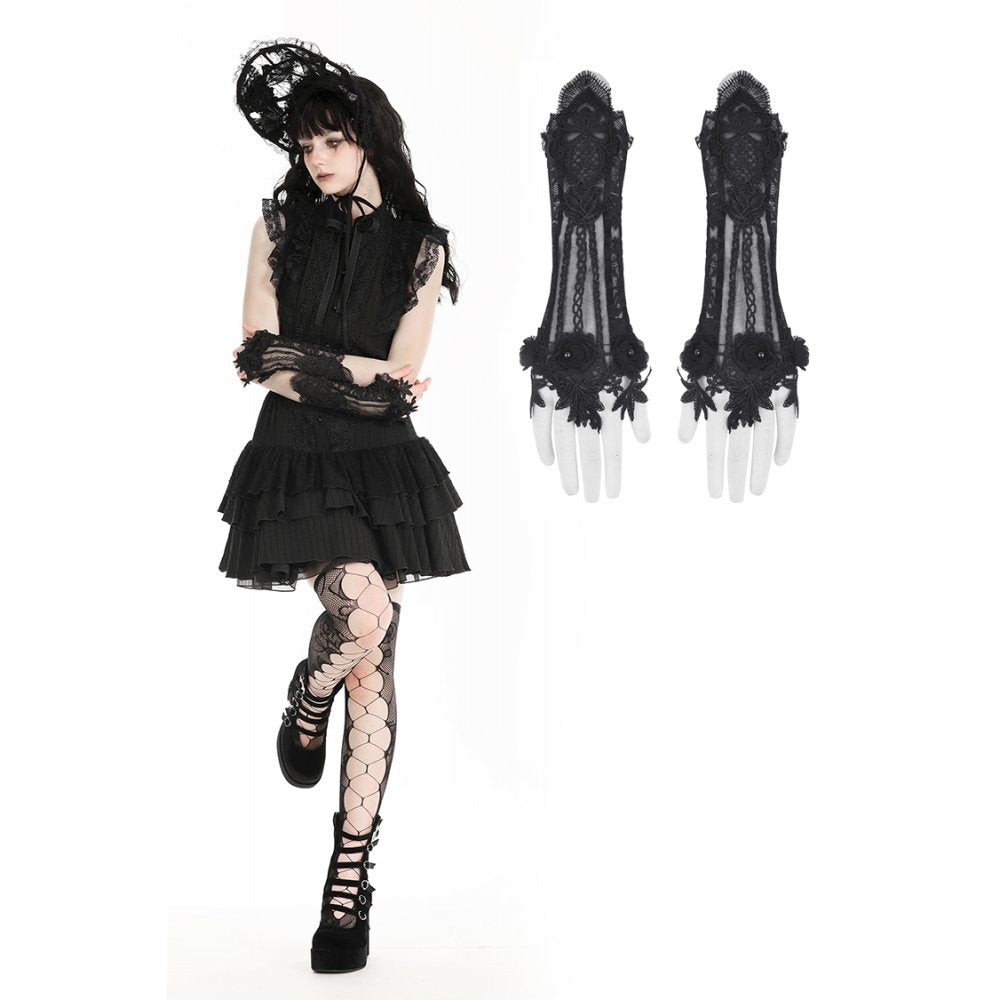 Dark in Love Ottilie Gothic Embellished Lace Fingerless Gloves - Kate's Clothing