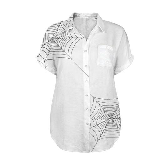 White short sleeve button shirt with black spiderweb print – ANTIBrand Caught Up In Your Blackened Web