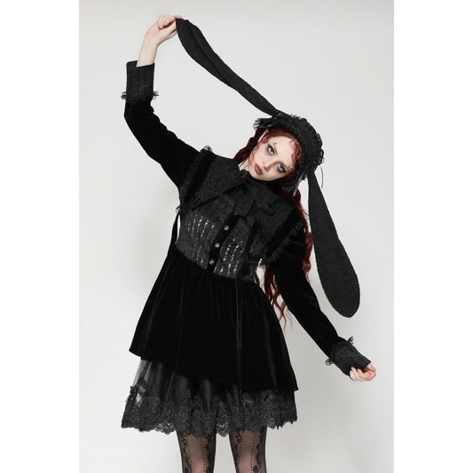 Dark in Love Elowen Black Gothic Lolita Rabbit Ear Bonnet in Rose Lace - Kate's Clothing
