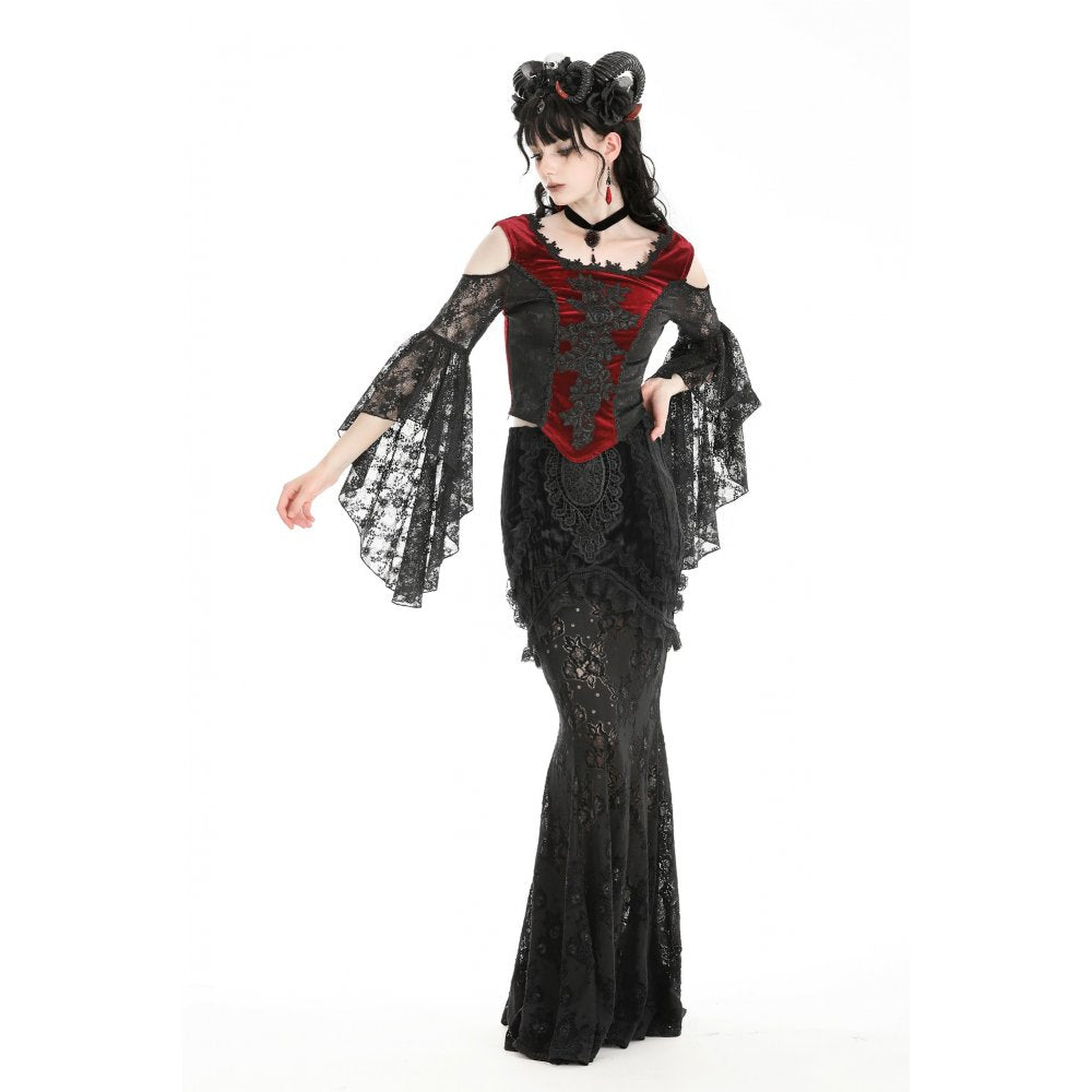 Dark in Love Delancy Gothic Black and Red Velvet Cold Shoulder Top - Kate's Clothing