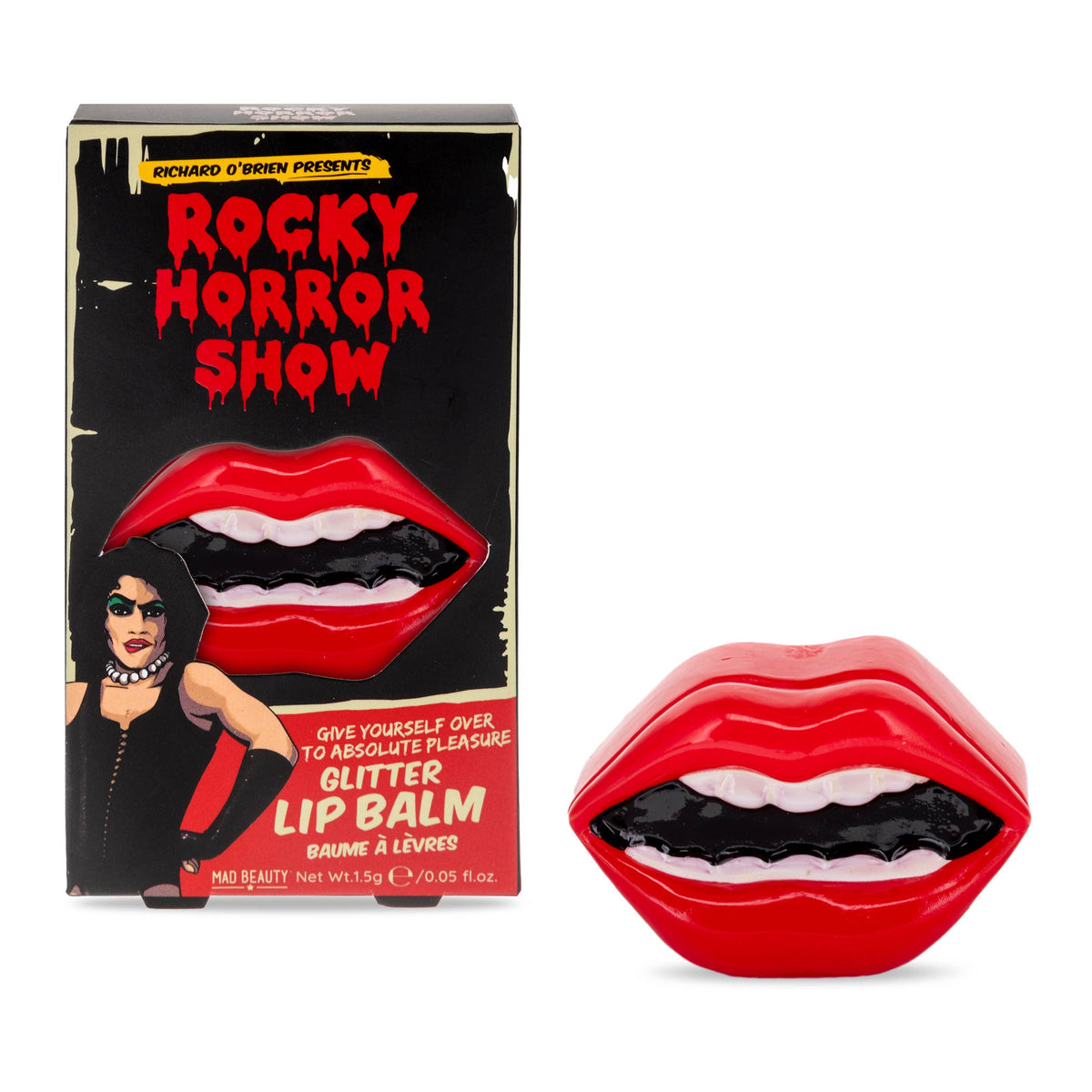 Rocky Horror Show glitter lip balm box next to the closed lip-shaped case