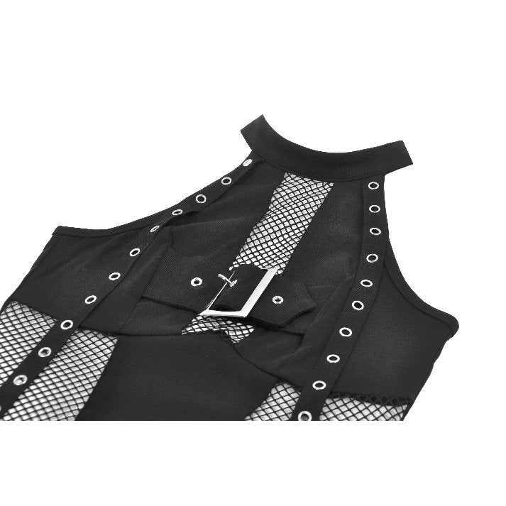 Punk Rave Bondage Mesh Panel Buckle Top