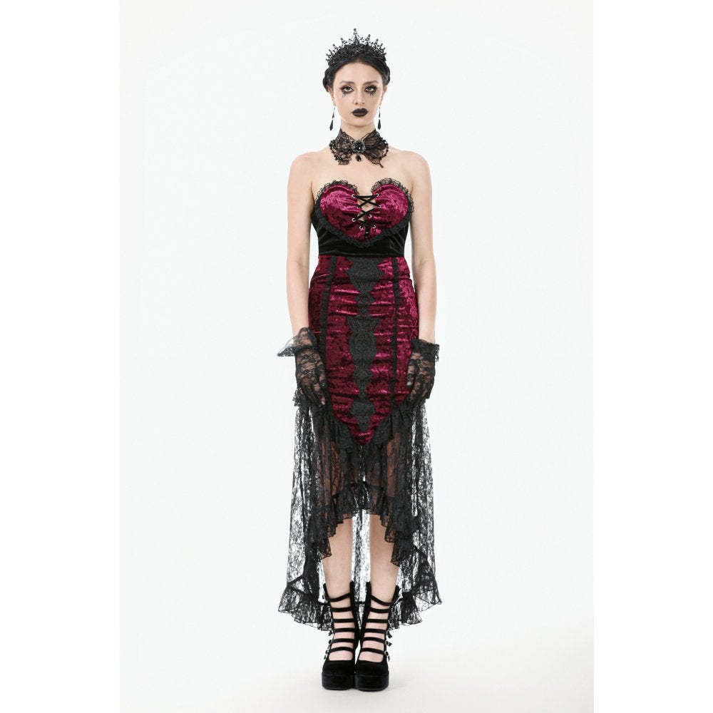 Dark in Love Crimson Queen Lace High-Low Goth Skirt in Burgundy & Black