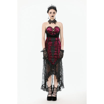Dark in Love Crimson Queen Lace High-Low Goth Skirt in Burgundy & Black