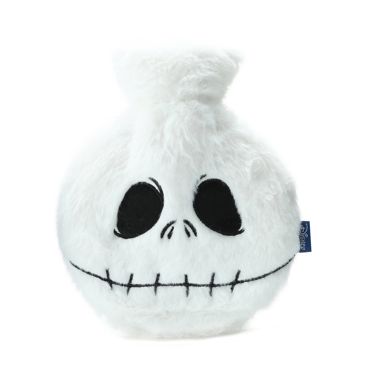 Jack Skellington hot water bottle with white fluffy cover and stitched face design