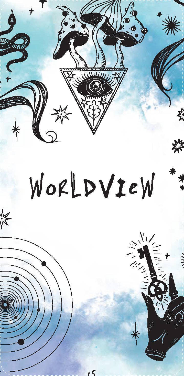 Worldview oracle card: a blue watercolour background with a crystal-like shape and a hand in black line art.