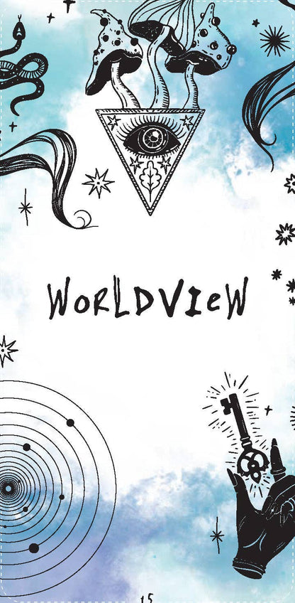 Worldview oracle card: a blue watercolour background with a crystal-like shape and a hand in black line art.