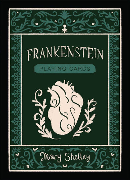 Frankenstein deck box: green, with an illustrated heart in an ornate frame and Mary Shelley's name.