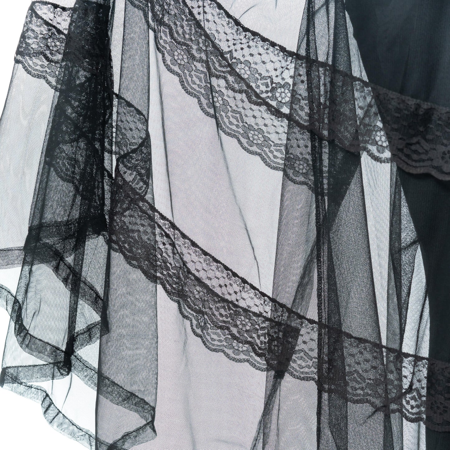 Poizen Industries Eliora Skirt Black featuring cascading sheer panels and lace detailing.