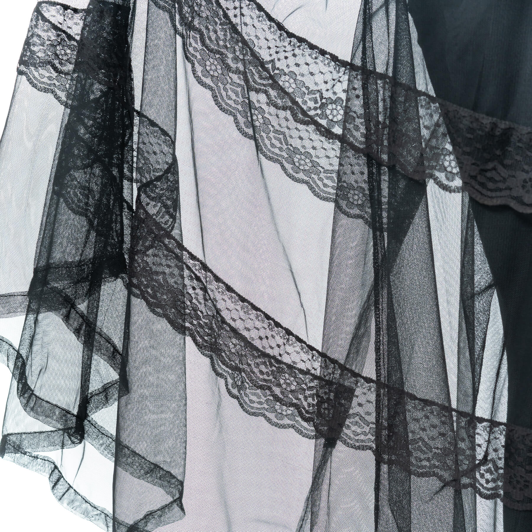 Poizen Industries Eliora Skirt Black featuring cascading sheer panels and lace detailing.
