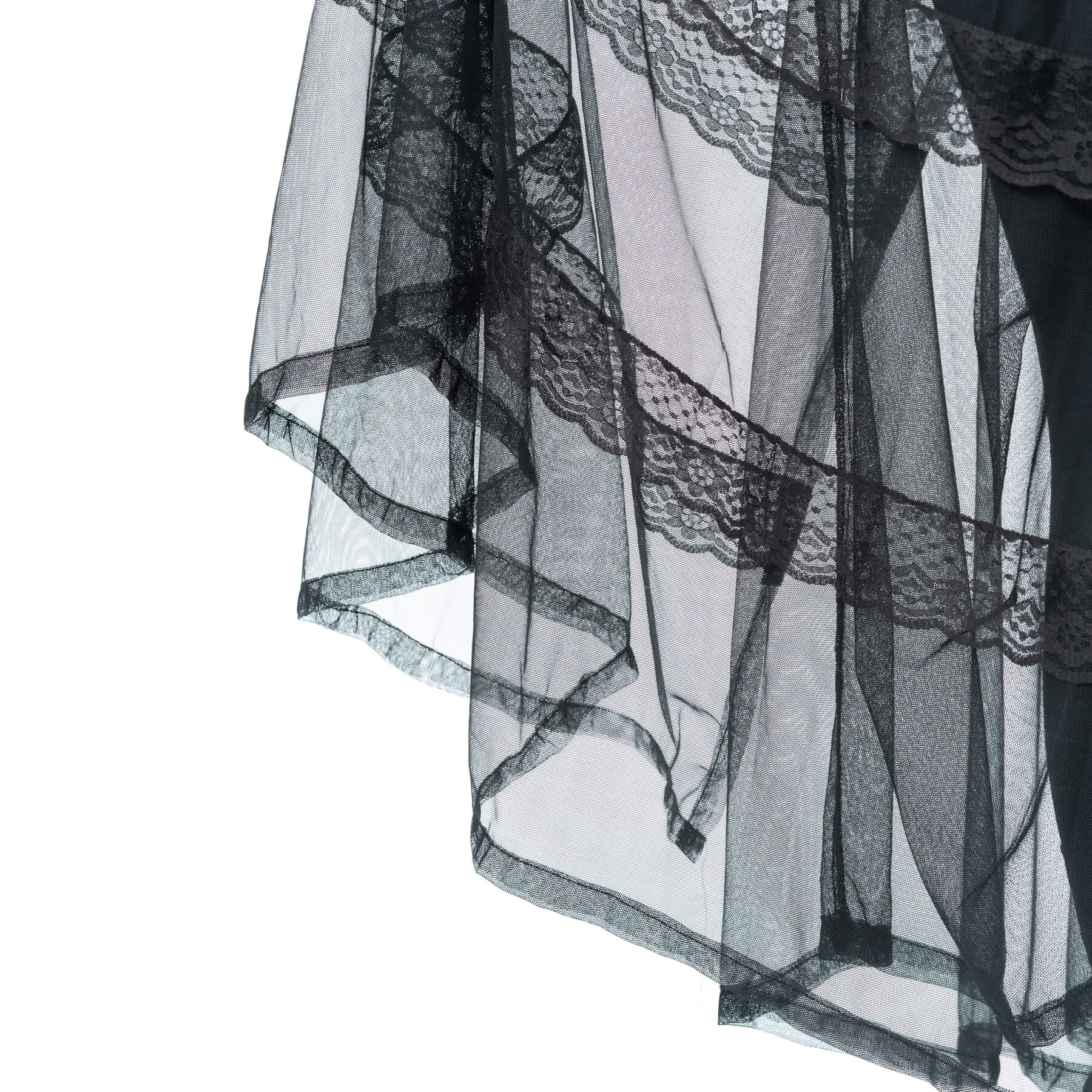 Poizen Industries Eliora Skirt Black displaying cascading sheer panels and delicate lace detailing.