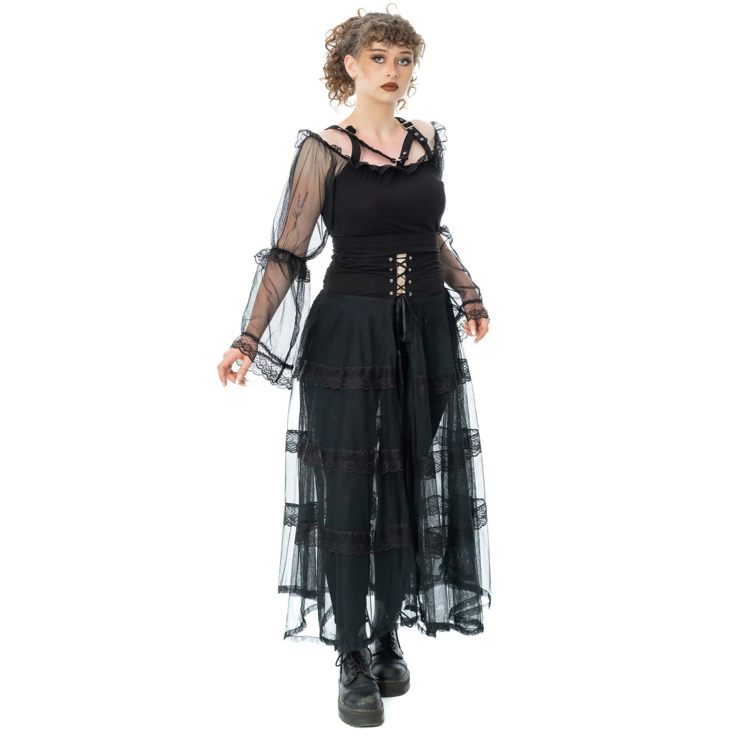 Model wearing the Poizen Industries Eliora Skirt Black with a flowing sheer overlay and gothic styling.