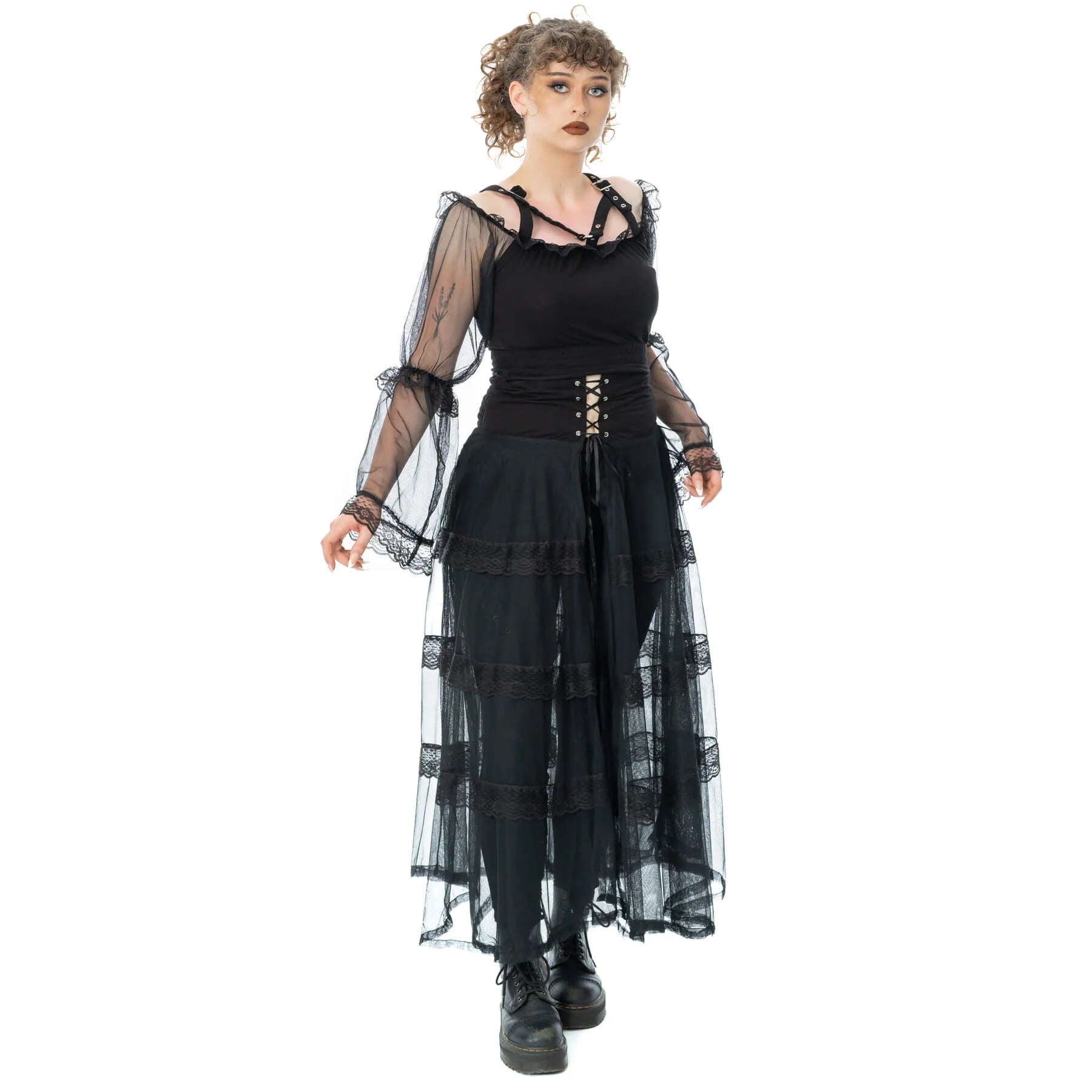 Model wearing the Poizen Industries Eliora Skirt Black with a flowing sheer overlay and gothic styling.