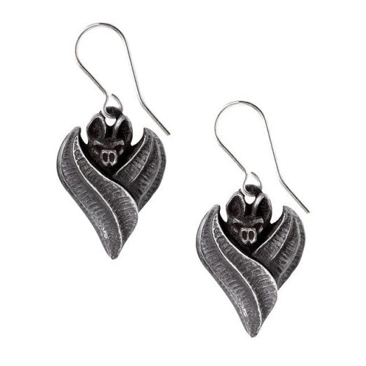 Pair of pewter bat earrings on a white background