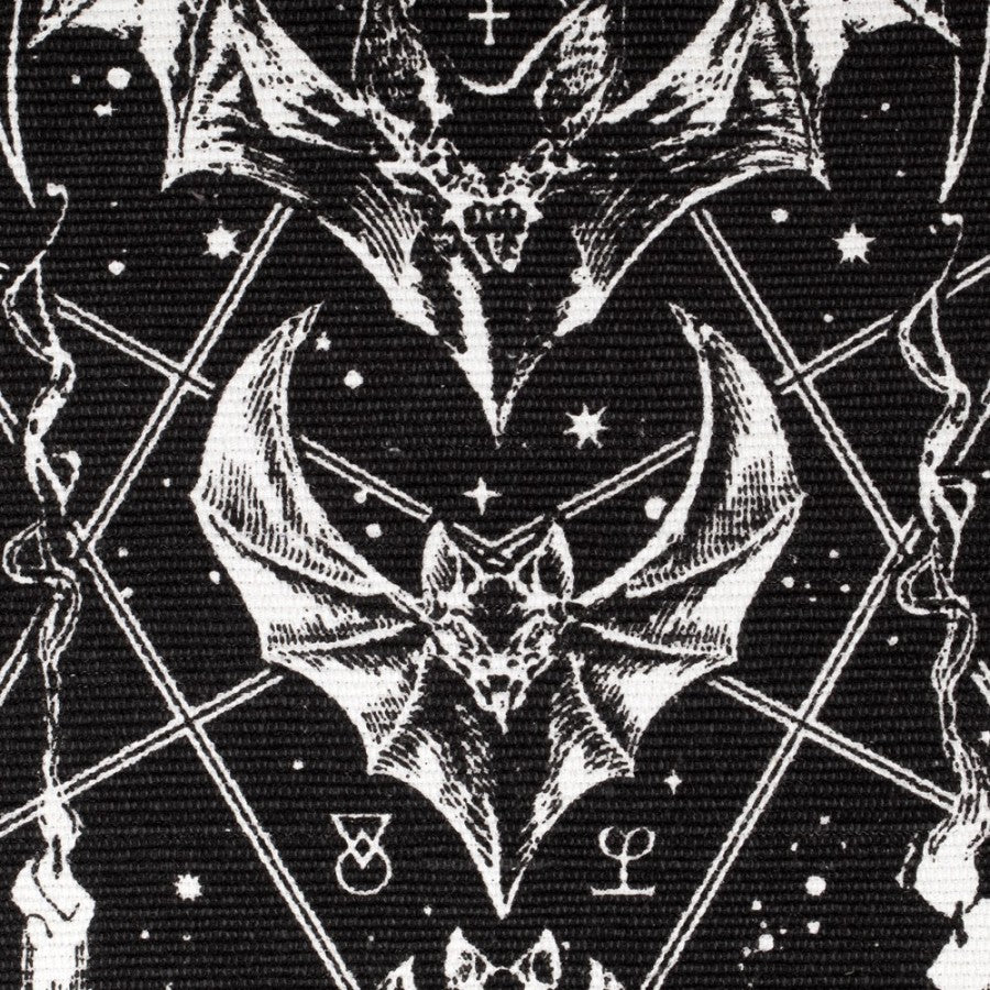 bat moon phase rug featuring intricate bat designs with occult symbols on a black background