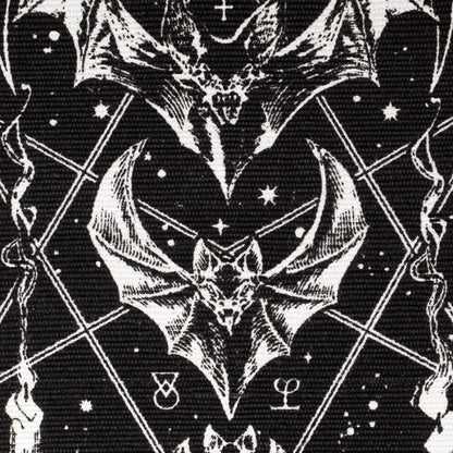 bat moon phase rug featuring intricate bat designs with occult symbols on a black background