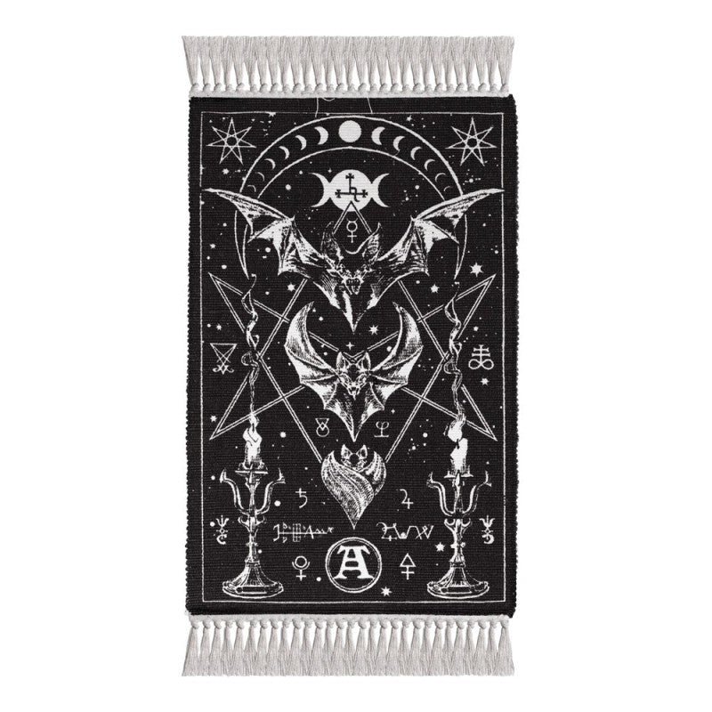 bat moon phase rug featuring gothic artwork of bats and occult symbols, perfect for wall or floor decor.