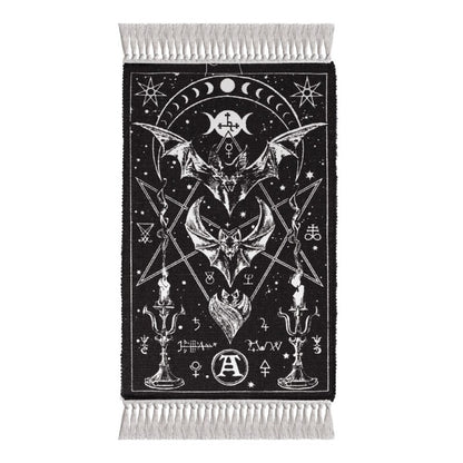 bat moon phase rug featuring gothic artwork of bats and occult symbols, perfect for wall or floor decor.