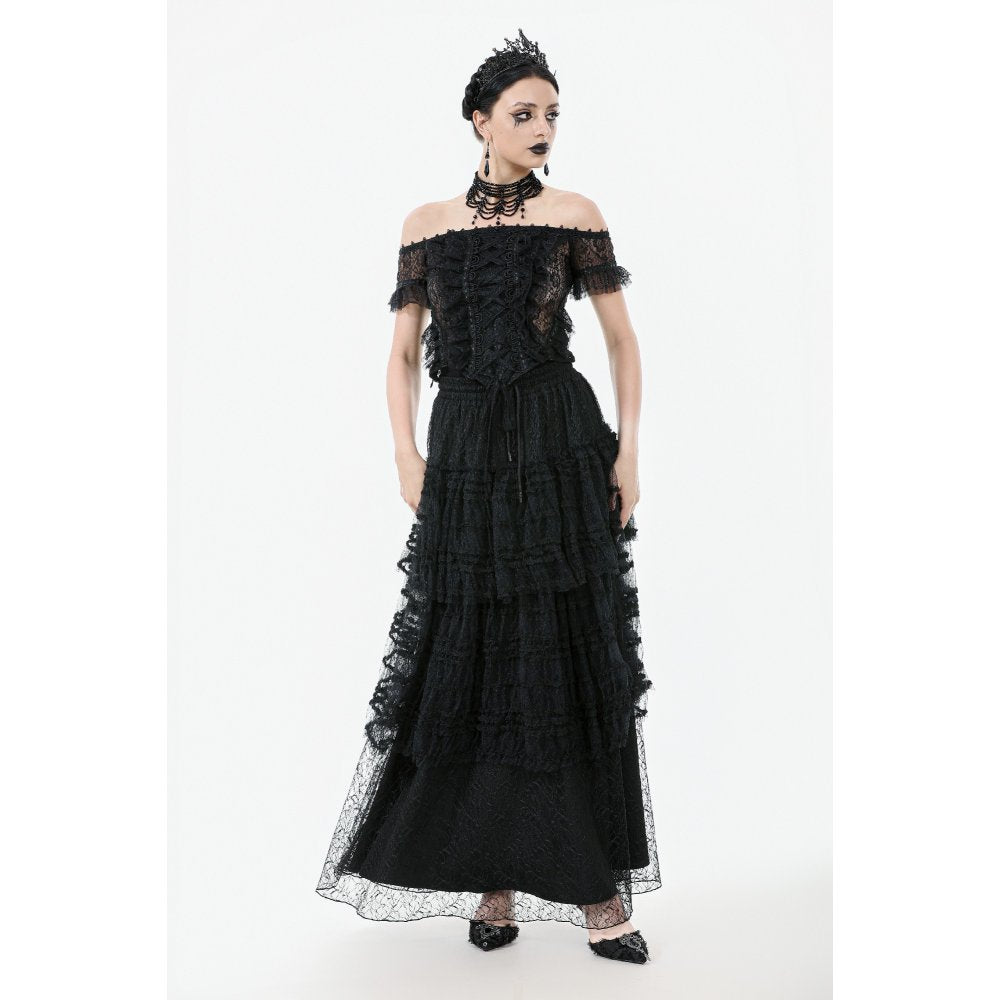 Dark in Love Ophelia Lace Off-Shoulder Gothic Bodysuit in Black
