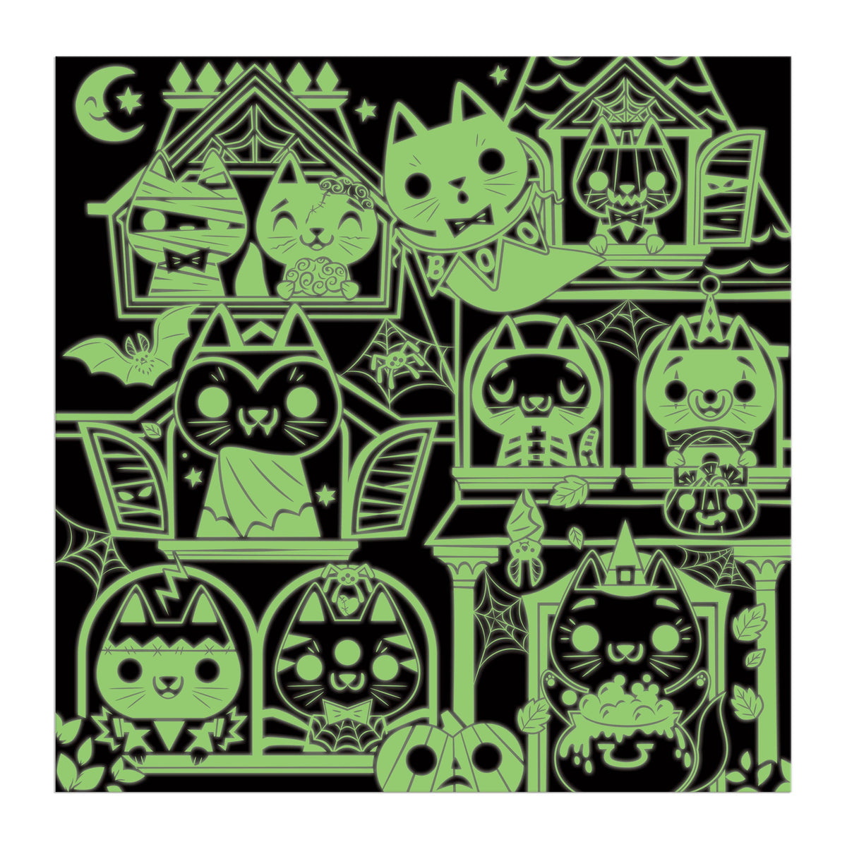 Close-up of the glow-in-the-dark artwork, showing the cats and haunted house glowing green.