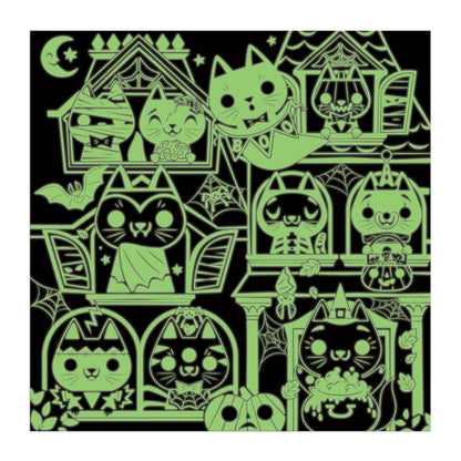 Close-up of the glow-in-the-dark artwork, showing the cats and haunted house glowing green.