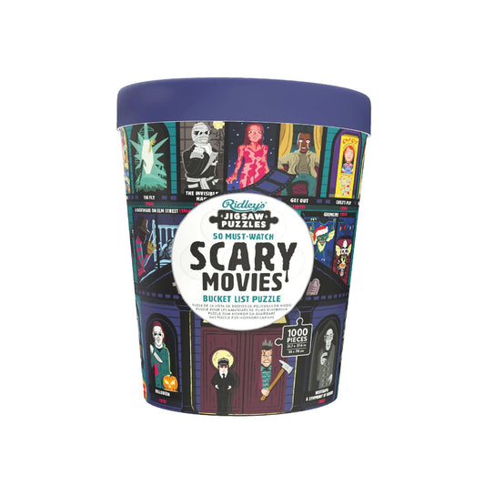 Front of the puzzle tub with the Scary Movies Bucket List label facing forward.