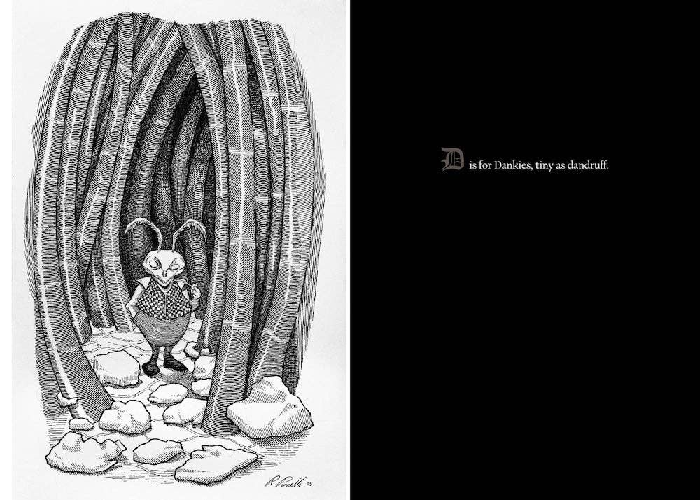 "D is for Dankies" spread: a tiny antennaed figure in a checked waistcoat standing between tall curved stalks, beside a black page of white lettering.