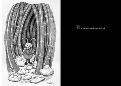 "D is for Dankies" spread: a tiny antennaed figure in a checked waistcoat standing between tall curved stalks, beside a black page of white lettering.