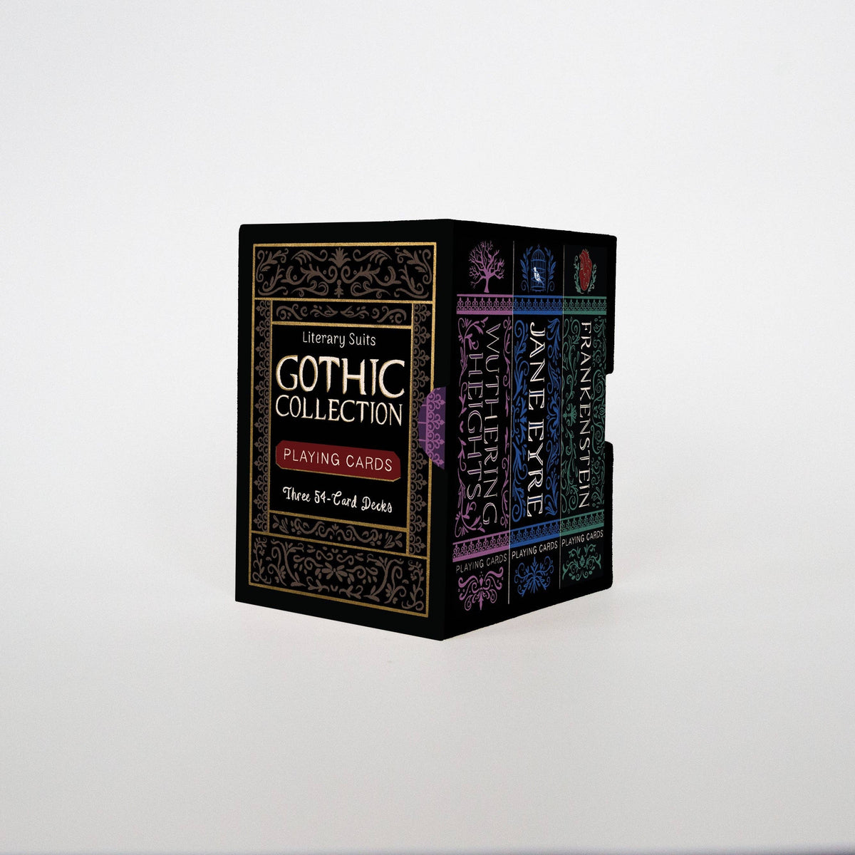 The Literary Suits Gothic Collection boxed set: a black box holding three slim deck boxes side by side, their coloured spines showing.