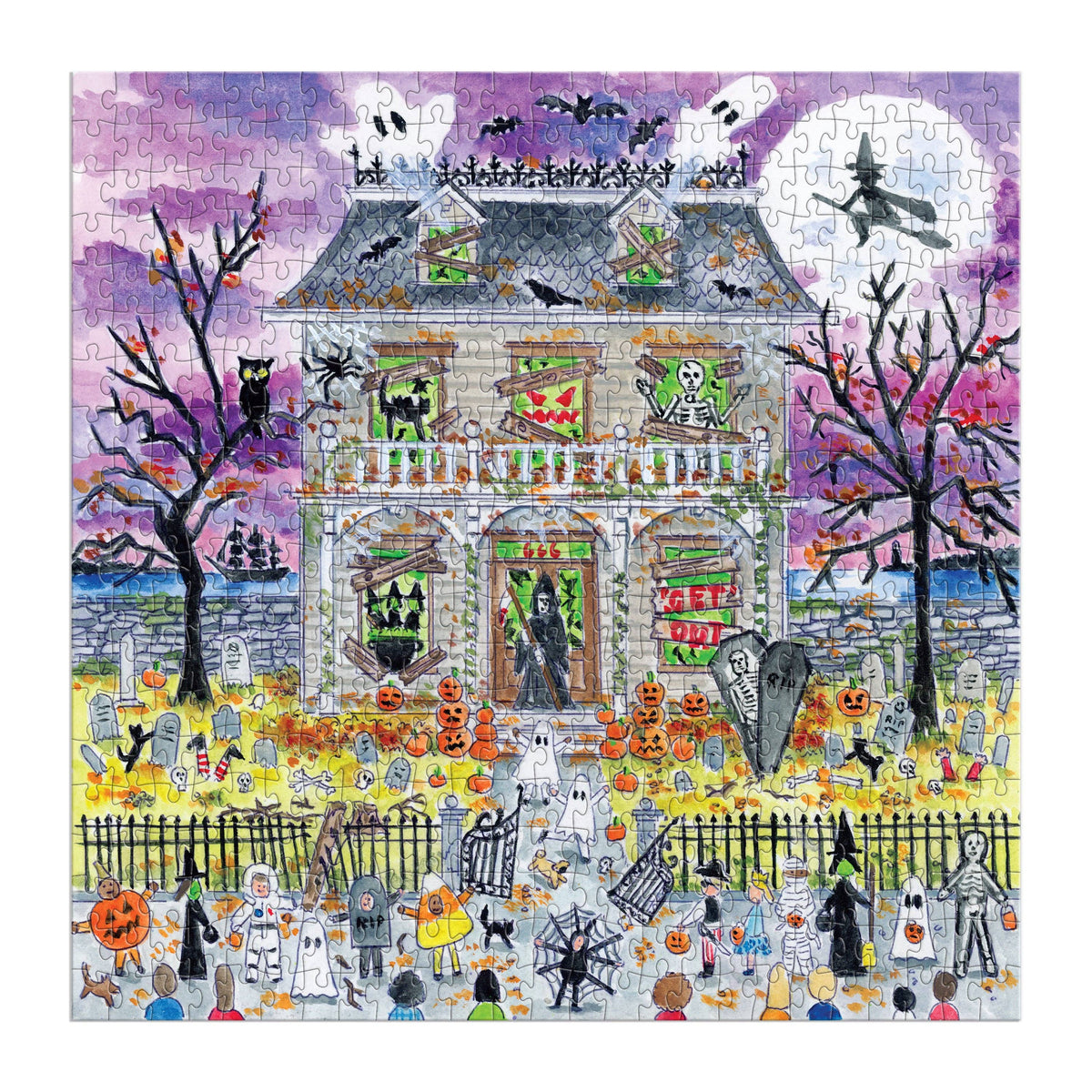 Close view of the finished artwork, with trick or treaters and decorations along the front garden.