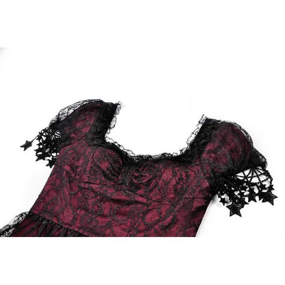 Dark in Love Red Black Lace Princess Dress with Stars Sleeves Close-up