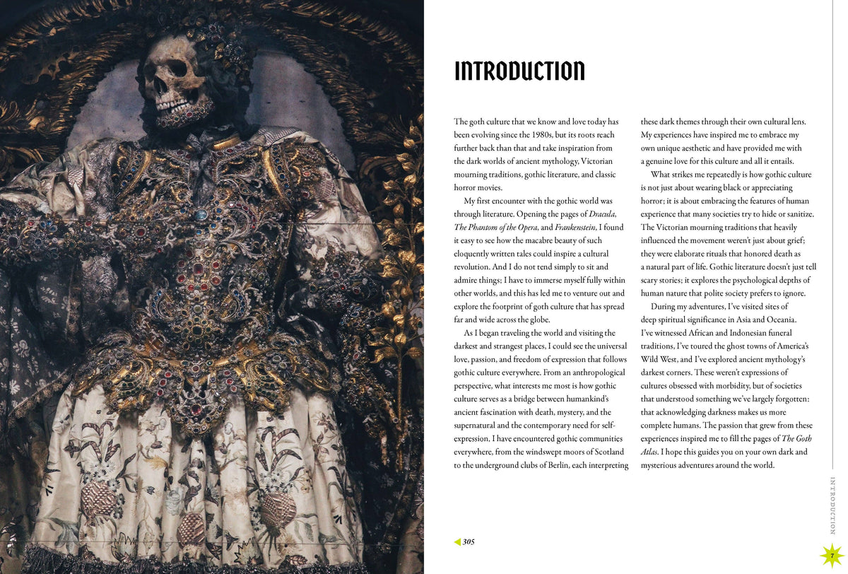 Inside page with a dark photo of a carved figure on the left and columns of text on the right.
