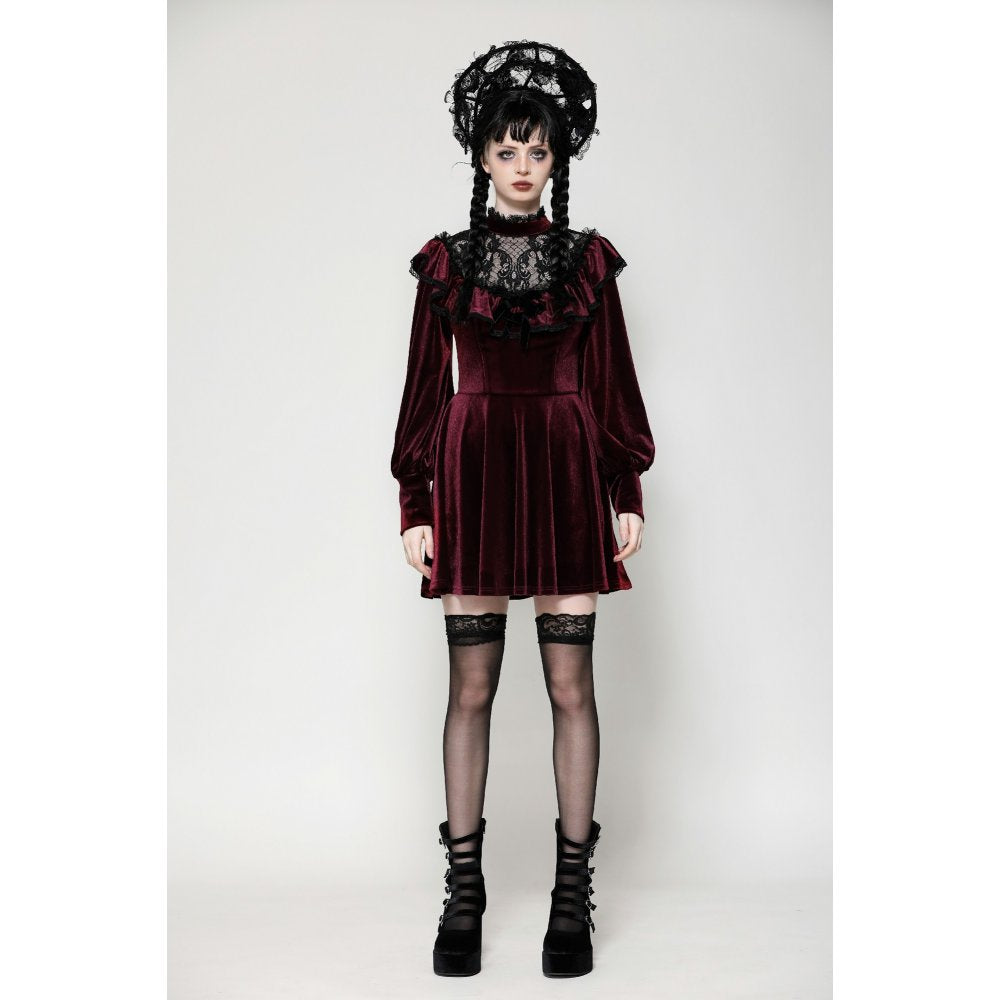 Dark in Love Verity Burgundy Velvet Dress with Black Gothic Lace - Kate's Clothing