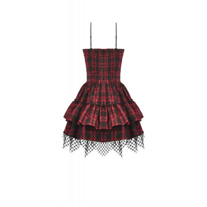 Dark in Love Red-Black Plaid Leather Layered Punk Sweetcore Dress