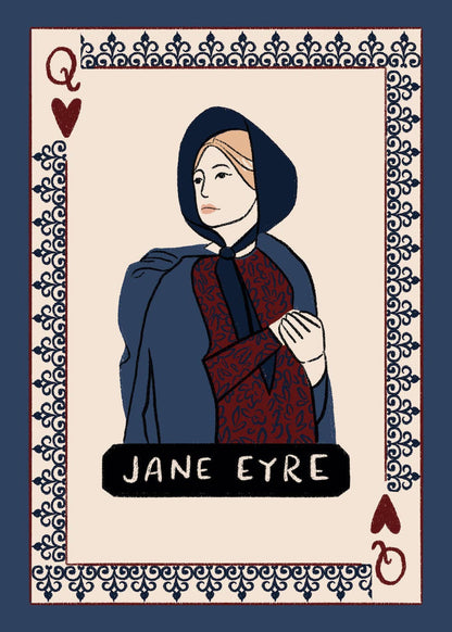 Jane Eyre deck face card of Jane Eyre: a figure in a dark hooded cloak, with a navy patterned border.