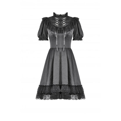 Dark in Love Belladonna Lace-Up High Collar Puff Sleeve Goth Dress  in Black