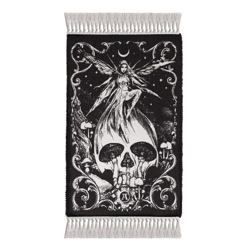 Fairy skull rug featuring a mystical fairy atop a skull and surrounded by mushrooms in gothic artwork.