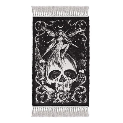 Fairy skull rug featuring a mystical fairy atop a skull and surrounded by mushrooms in gothic artwork.