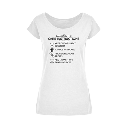 Sassy cotton t-shirt with wide neckline and Care Instructions graphic in white