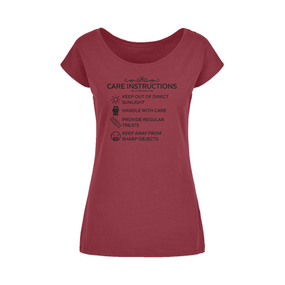 Sassy cotton t-shirt with wide neckline and Care Instructions graphic