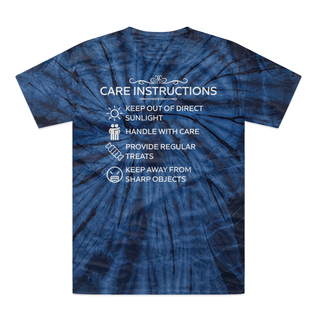 Unisex hand-dyed t-shirt with quirky care instructions print