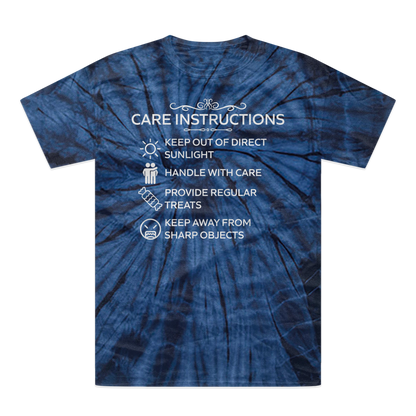 Unisex hand-dyed t-shirt with quirky care instructions print