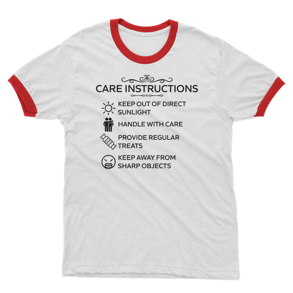 Funny care label design on white and black adult ringer tee