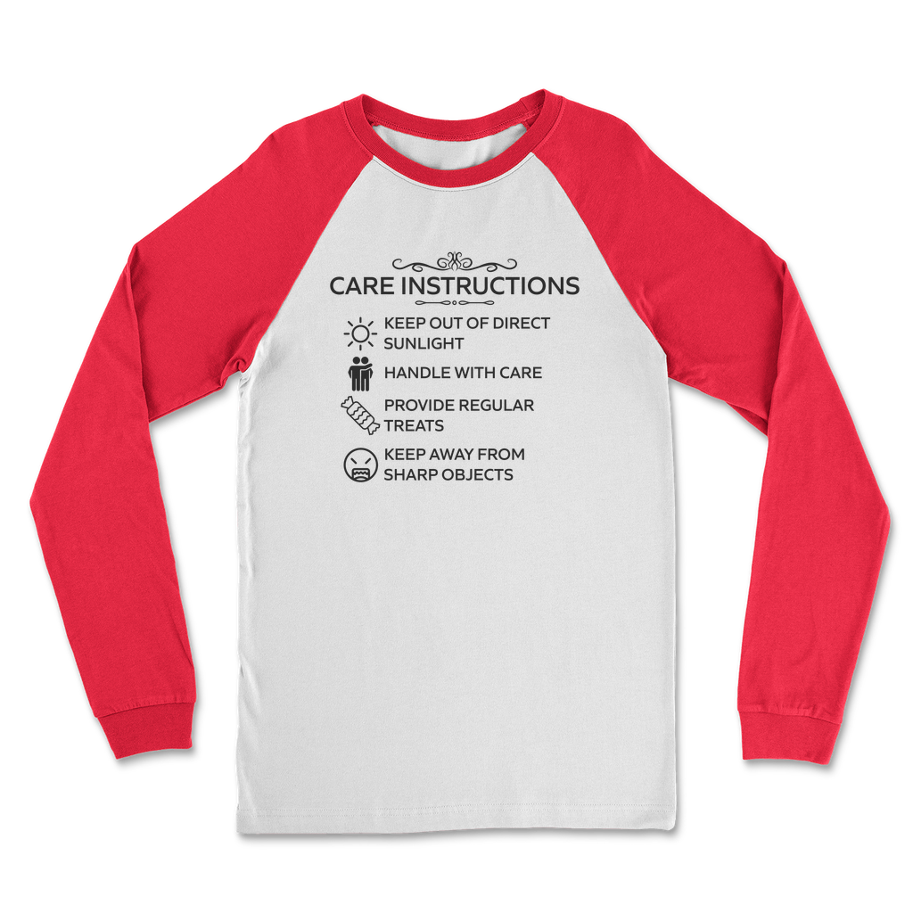 Black print care instructions shirt for cooler weather