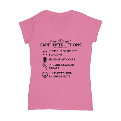 Women’s fitted cotton tee with humorous care label design