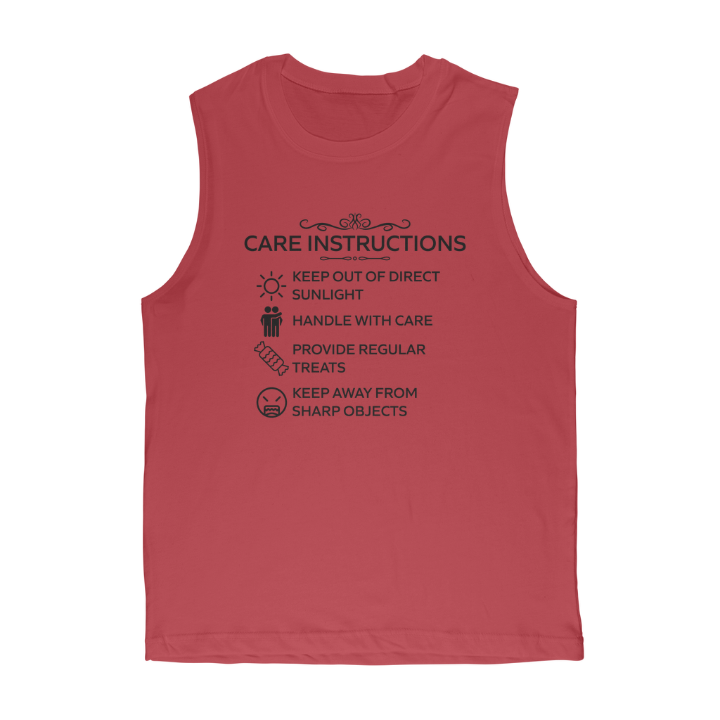 Sleeveless unisex tee with funny care label graphic