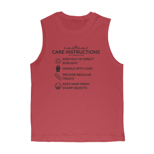 Sleeveless unisex tee with funny care label graphic